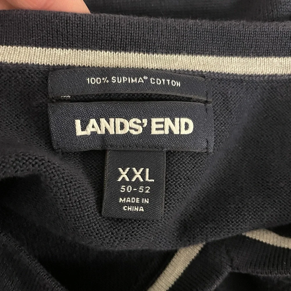Lands‎ End Mens XXL 2X V Neck Sweater Casual Navy Long Sleeve Supima Cotton